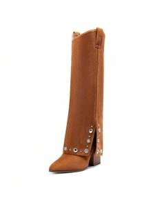 Western Cowgirl Boots For Women Pointed Toe Fold Over Knee High Boots Pull On Zipper Chunky Heel Comfortable Party Cowboy Boots - màu nâu - Xem 5