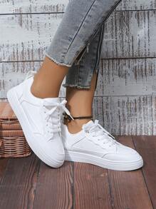 Women's Lace-Up Casual Sneakers For Spring/Autumn, Fashionable, Versatile, Comfortable White Shoes, Solid Color College Style Flat Outdoor Skate & Running Shoes - White - View 5