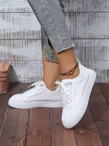 Women's Lace-Up Casual Sneakers For Spring/Autumn, Fashionable, Versatile, Comfortable White Shoes, Solid Color College Style Flat Outdoor Skate & Running Shoes - White - View 4