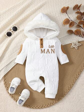 Baby Boys Autumn/Winter Fashionable Outdoor Long Sleeve Letter Print Hooded Coverall With Removable Fur Collar For Baby Boys