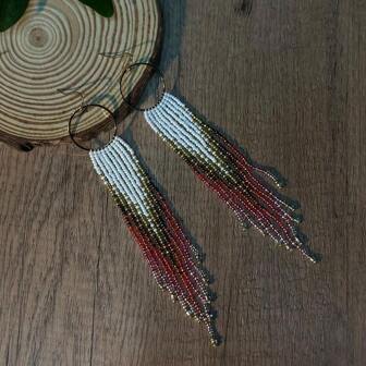 Bohemian Beaded Earrings, Metal Hoop & Seed Bead Tassel Handmade Glass Bead Jewelry, Gift For Her