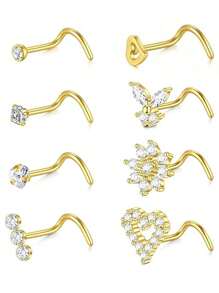 16 件装 20G 不锈钢鼻环，适用于男女，镶有 CZ 花鼻环穿孔首饰 L 形鼻环耳钉套装，手术钢鼻孔鼻孔穿孔首饰，款式多样，可自由搭配鼻孔首饰，送给朋友、情人节、妈妈、母亲节、礼物 - 多款式 - 查看 14