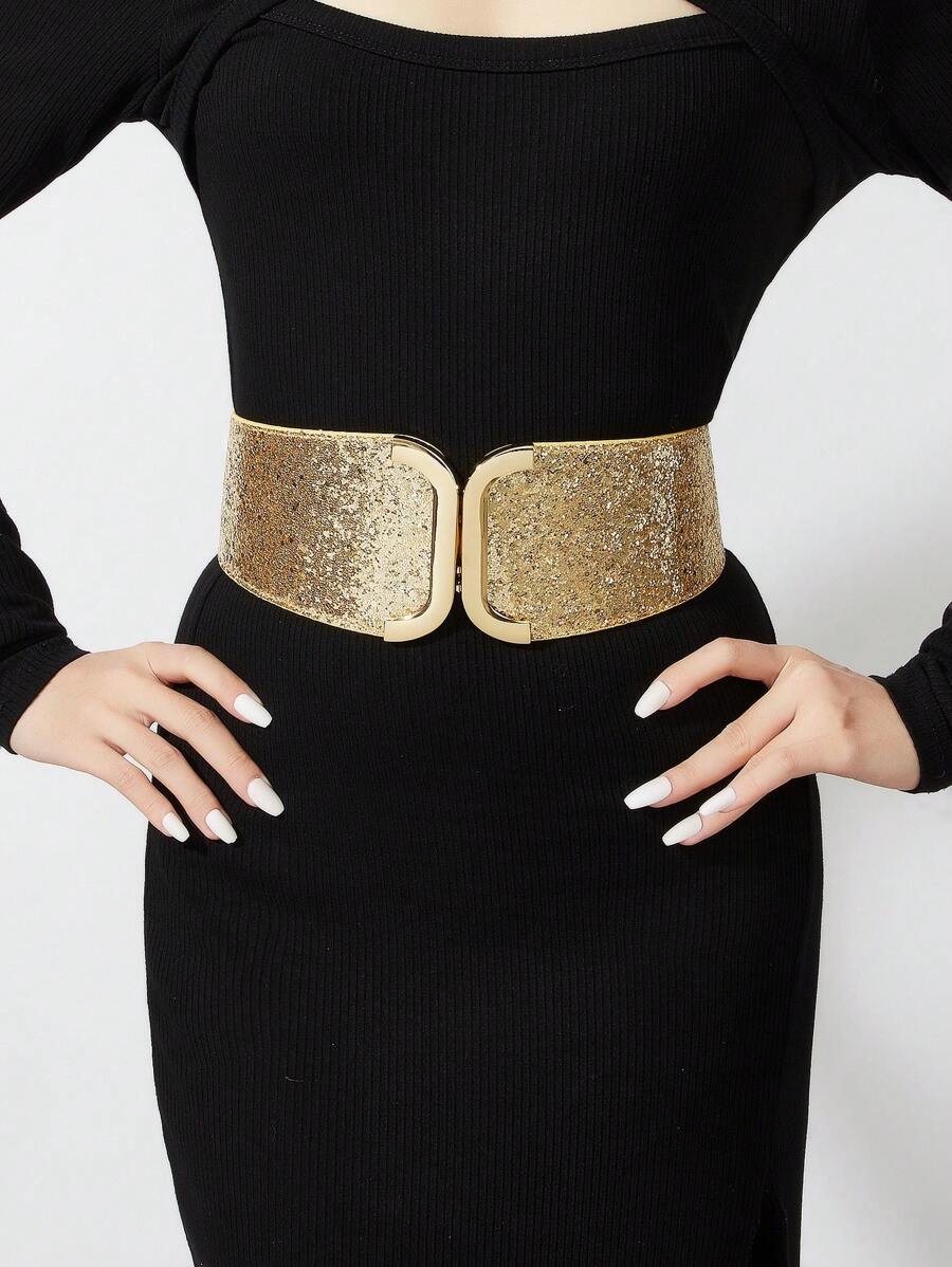 1pc Women's Elastic Waist Belt With Buckle Decoration, Suitable For Everyday Use Summer, School Fall, Autumn, Halloween - Gold - View 1