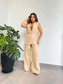 Tailoring Set Of Vest And Pants With Wonderful Belt - Beis - Ver 1