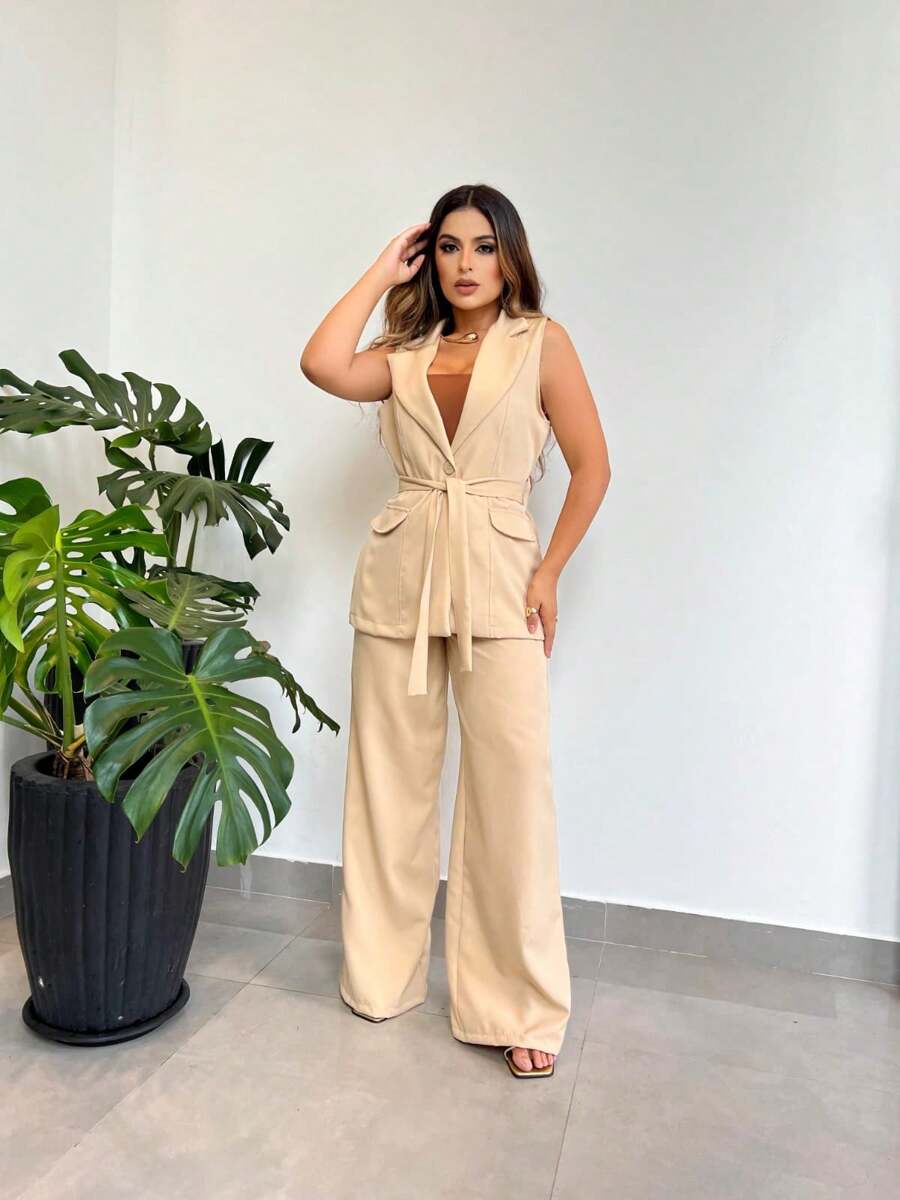 Tailoring Set Of Vest And Pants With Wonderful Belt - Beis - Ver 1