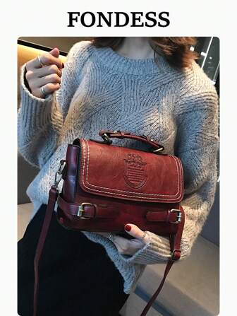 1 szt. bordowa torebka retro w modnym kolorze z klapką, zapięciem na suwak, skórzanym paskiem, odpowiednia do codziennego użytku, dojazdów do pracy, na ramię/przez ramię, modna bordowa torebka