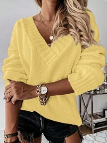 Women's Minimalist Elegant Solid Color V-Neck Long Sleeve Knit Sweater - Yellow - View 4