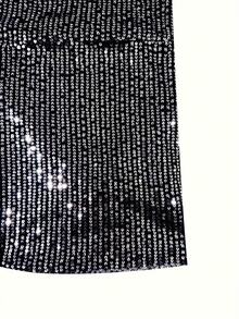 Plus Size Women's Sequin Embellished Lapel Long Sleeve Blazer Jacket Casual Black Spring - Black - View 7