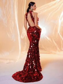 Rotes ärmelloses Maxikleid mit Rückenausschnitt und Pailletten, Abendkleid, Hochzeitsgast-Kleid, Festkleid - Rot - Übersicht 6