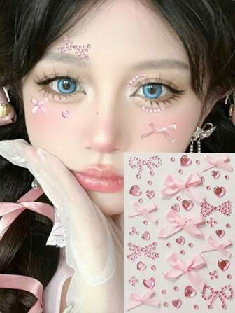 Pink Bow Glittery Stereo Gem Stickers Makeup Christmas Holiday Party Y2K Style Music Festival DIY Eyes Face Jewels Stickers Suitable For Dance Performances Parties And Stage Cosplay Wedding Fake Tattoos