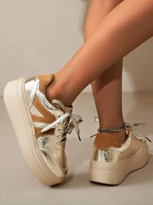 大码女士时尚厚底系带运动鞋，金色装饰，休闲舒适日常穿着厚底鞋 - 金色拼棕色 - 查看 3