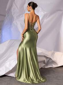 Vestidos elegantes de noche de sirena de encaje verde oliva con abertura alta, espalda cruzada, escote profundo en V y brillos. Vestido formal elegante para mujer para fiestas, bodas, graduaciones y cenas - Verde Oliva - Ver 3