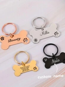 1 Pieza Etiqueta de identificación con nombre de mascota personalizada grabada con láser. Decorada con huellas de pata, flores y diseños de hojas. - Multicolor - Ver 2