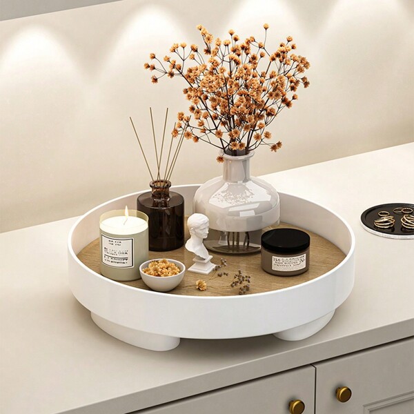 1 pezzo Vassoio decorativo rotondo moderno e minimalista con motivo in legno bianco, adatto per uso quotidiano nel soggiorno, ingresso, regali per donne, per il rientro a scuola