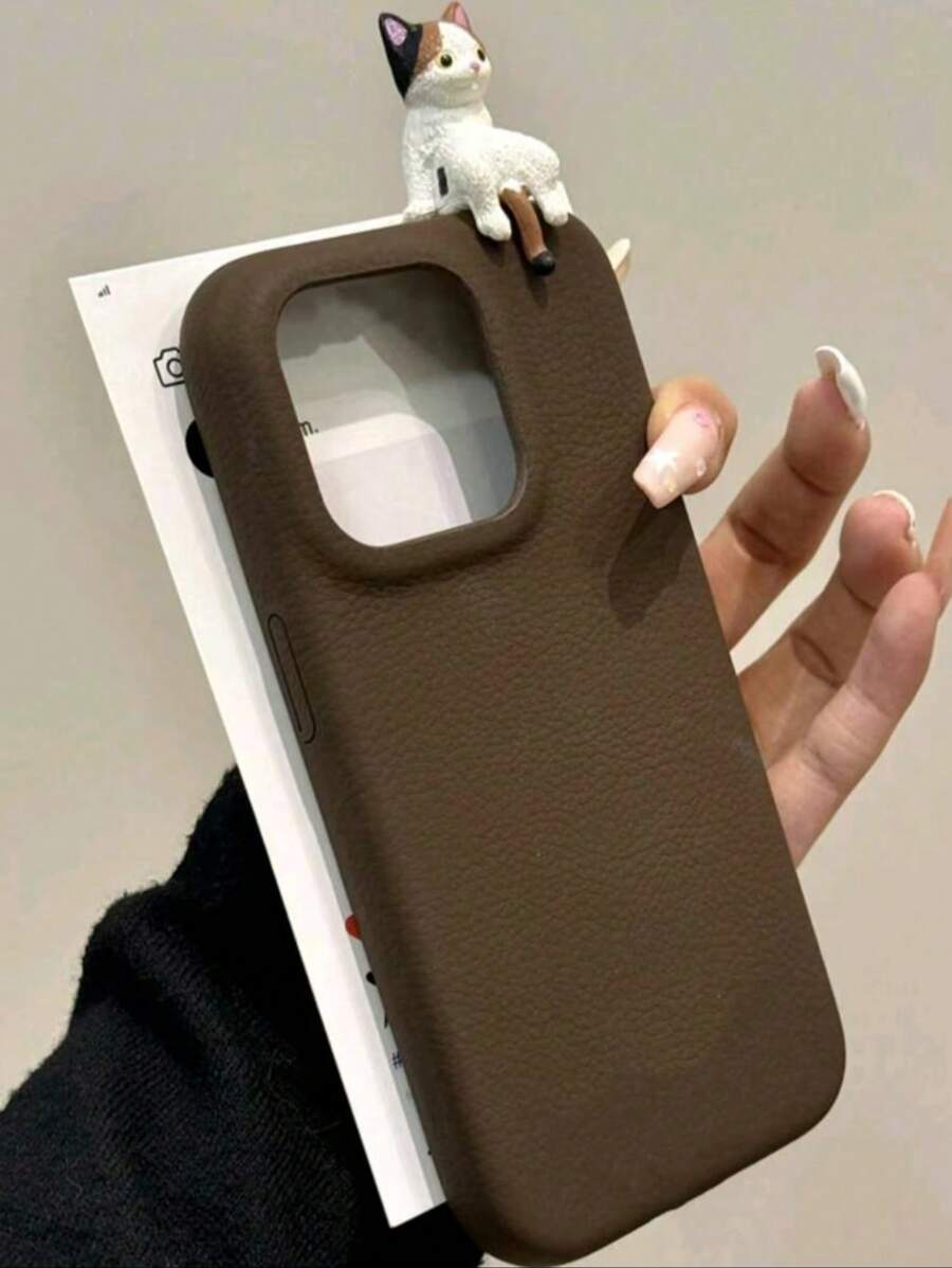 1pc Cute 3D Cartoon Lying Cat & Lychee Pattern Leather Phone Case Compatible With IPhone 16, 15, 13, 14, 12 Pro Max Plus, 17, 17 Pro, 17 Pro Max, Soft Back Cover - Brown - View 1