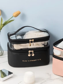 1 Piece Double Layer Large Capacity Cosmetic Bag Transparent Solid Color Toiletry Bag Portable Large Capacity Travel Cosmetic Storage Bag Beauty Tool Storage Bag Storage Cosmetic Storage Box Cosmetic Box Make Up Bag - Multicolor - View 7