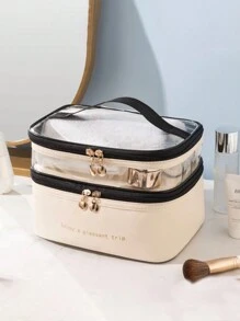 1 Piece Double Layer Large Capacity Cosmetic Bag Transparent Solid Color Toiletry Bag Portable Large Capacity Travel Cosmetic Storage Bag Beauty Tool Storage Bag Storage Cosmetic Storage Box Cosmetic Box Make Up Bag - Multicolor - View 10