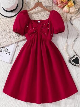 女童 V 领短袖珠饰泡泡袖 A 字形连衣裙