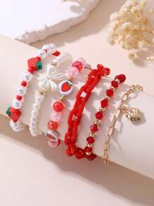 6 件套甜美粉色人造珍珠、蝴蝶、心形、草莓串珠手链，送给女孩的礼物 - YSB875 - 查看 9