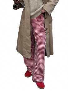 Women Wide Leg Pants Casual Loose Elastic Plaid Trousers With Pockets For Work Office Streetwear