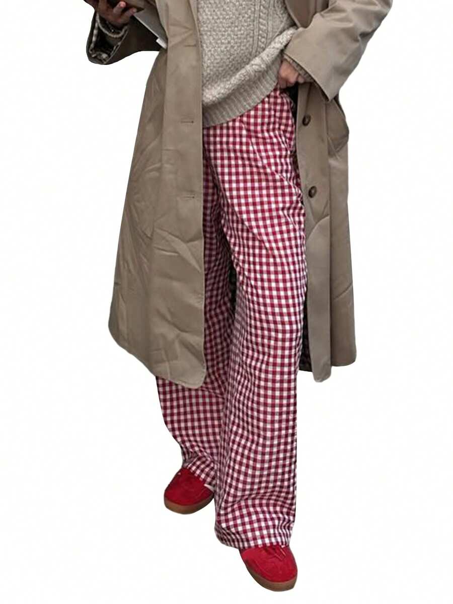 Women Wide Leg Pants Casual Loose Elastic Plaid Trousers With Pockets For Work Office Streetwear