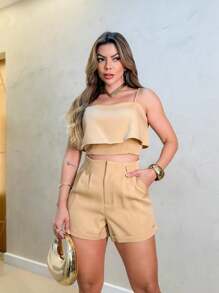 Women's 2-Piece Tailored Set: Sleeveless Top And Solid Shorts - Màu be - Xem 1