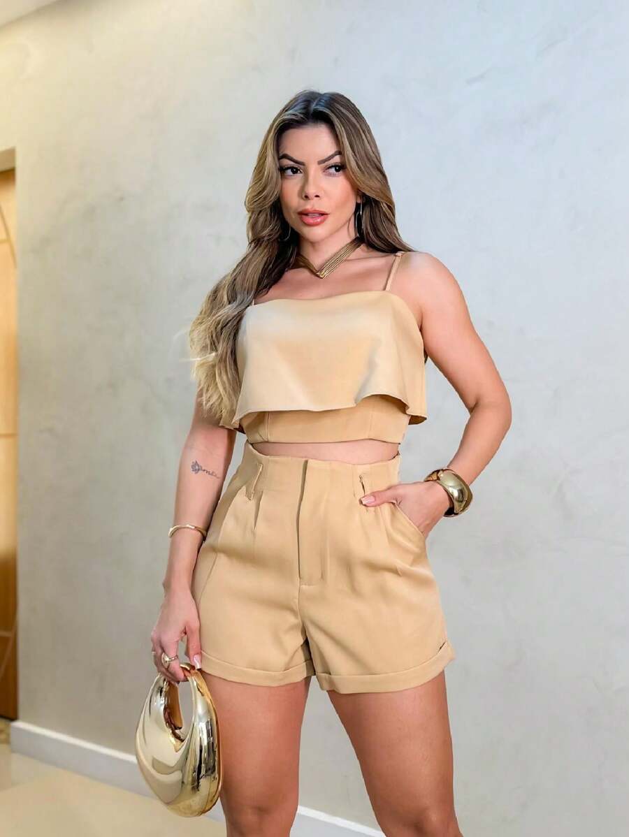 Women's 2-Piece Tailored Set: Sleeveless Top And Solid Shorts - Màu be - Xem 1