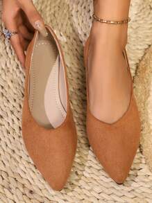 Brown Pointed Simple Flat Women's Shoes, Easy To Wear Comfortable, Elegant Style, Suitable For Summer Outdoor, Suede Valentines
