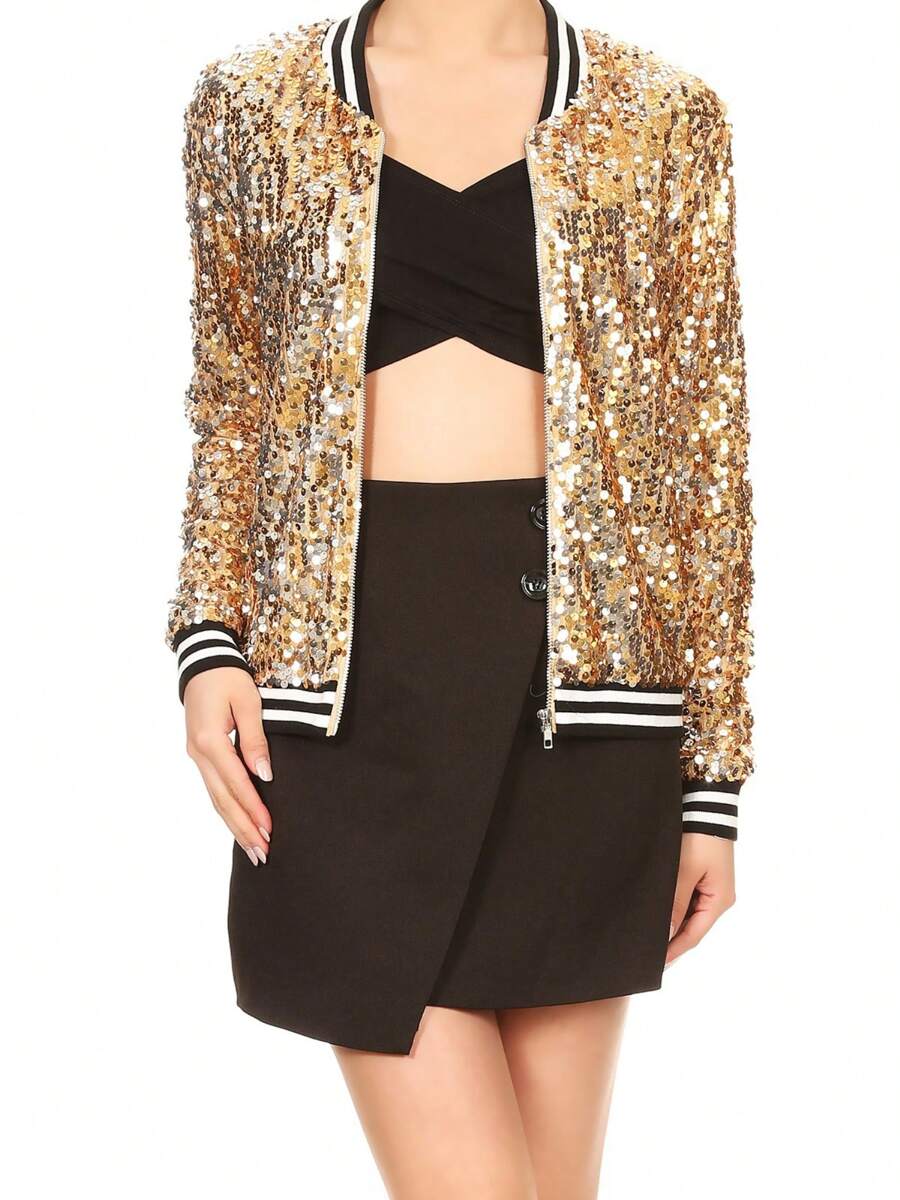 Chaqueta de manga larga con cremallera frontal y puños acanalados, con lentejuelas, para mujer, ideal para fiestas - Dorado - Ver 1