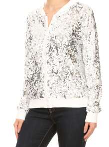 Chaqueta de manga larga con cremallera frontal y puños acanalados, con lentejuelas, para mujer, ideal para fiestas - Plateado - Ver 3