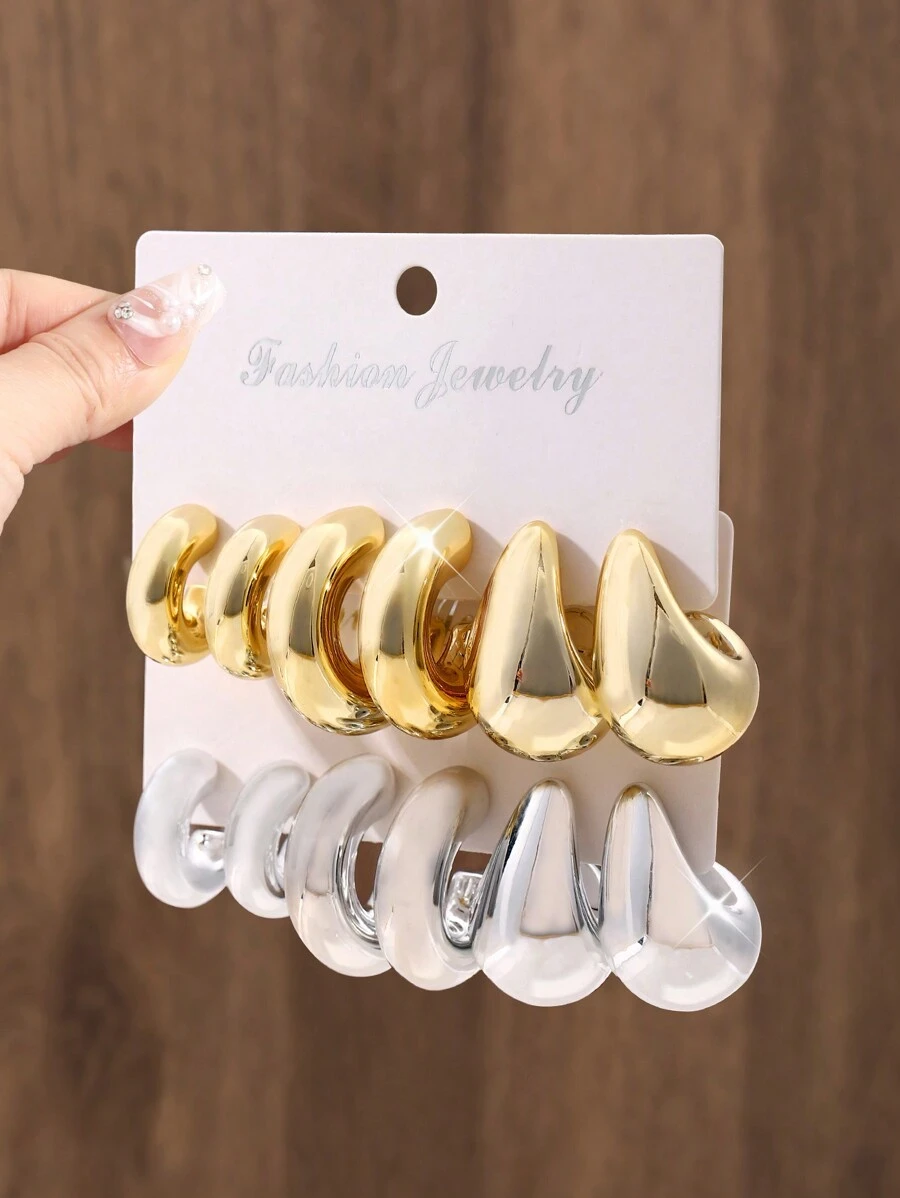 1 对简约纯色几何 C 形耳钉，经典泪珠吊坠耳环套装，女士日常百搭珠宝和派对/约会配饰 - 款式1 - 查看 1