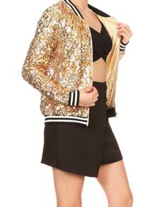 Chaqueta de manga larga con cremallera frontal y puños acanalados, con lentejuelas, para mujer, ideal para fiestas - Dorado - Ver 4