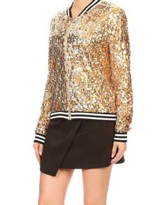 Chaqueta de manga larga con cremallera frontal y puños acanalados, con lentejuelas, para mujer, ideal para fiestas - Dorado - Ver 3