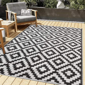 Waterproof Outdoor Rug 5x8 Ft, Reversible Plastic Straw Patio Rug For Camping, RV Mat Outside, Indoor Outdoor Carpet For Porch, Deck, Backyard, Camper, Balcony, Picnic, Black & White