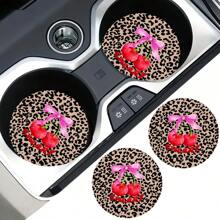 2pcs Cherry Leopard Pattern Absorbent Car Cup Coaster Stylish & Durable Fast-Drying Non-Slip Car Cup Mat - one-size - View 4