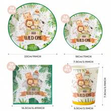 24 件丛林动物印花纸盘和餐巾派对用品，卡通动物图案狂野派对一次性纸盘、杯子，非常适合狩猎生日餐具、丛林盘子、派对盘子促销 - 彩色 - 查看 2