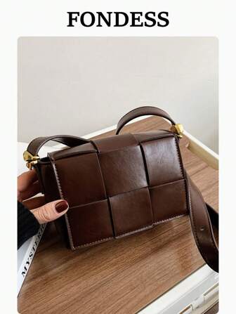 1pc Coffee Brown Fashionable Woven Simple Casual Women Small Square Crossbody Bag Vintage Rigid Handbag Phone Pouch Suitable For Daily Use, Retro Inspired Vintage Bag For Women