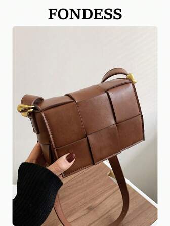 1pc Brown Fashionable Woven Simple Square Crossbody Bag For Women, Vintage Structured Handbag, Suitable For Daily Use