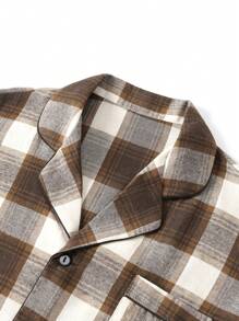 New Plus Size Men's Fashion Plaid Print Button Front Long Sleeve Top And Elastic Waist Pants Pajama Set, Autumn/Winter