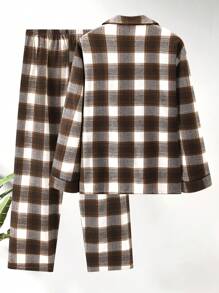 New Plus Size Men's Fashion Plaid Print Button Front Long Sleeve Top And Elastic Waist Pants Pajama Set, Autumn/Winter
