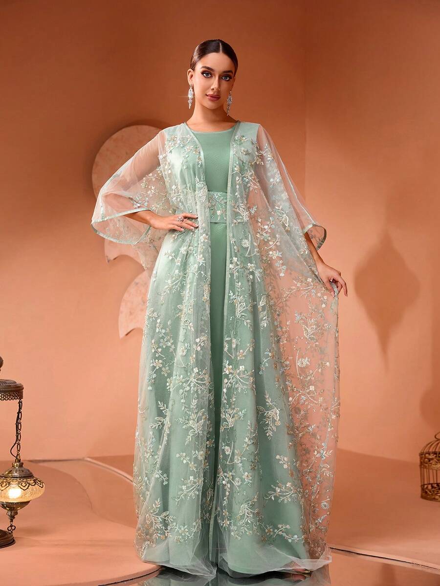 Váy lưới rộng thêu hoa thời trang và thanh lịch mới