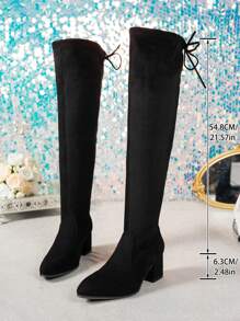 Plus Size Stretchy Over-The-Knee Boots, Chunky Heel Black Pointed Toe High Heel Boots