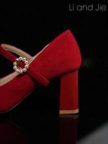 高端美学贵族风格超模造型女士高跟鞋；缎子、水钻和珍珠点缀，高端设计 - 紅色 - 查看 3