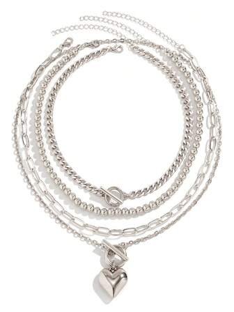 4pcs Vintage Necklaces, Heart Pendant Necklace Zinc Alloy Neck Chain, Simple OT Clavicle Necklace For Women Valentines