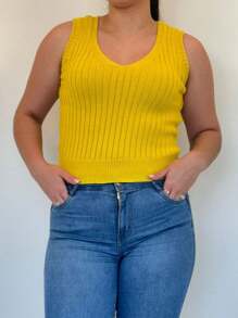 Women's Basic Summer Knit Ribbed Cropped Tank Top Wide Strap V-Neck Knit - 黃色 - 查看 1
