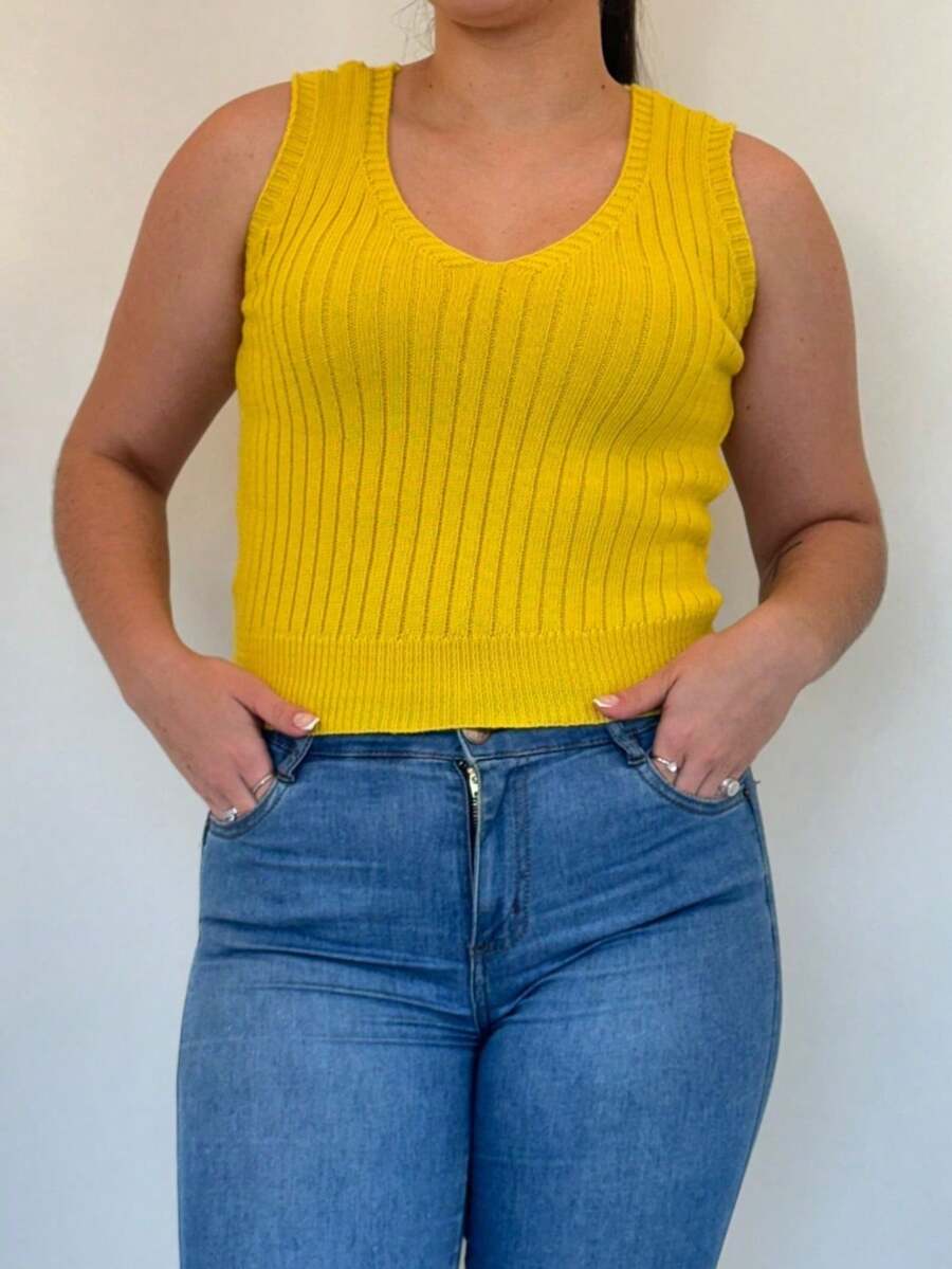 Women's Basic Summer Knit Ribbed Cropped Tank Top Wide Strap V-Neck Knit - 黃色 - 查看 1