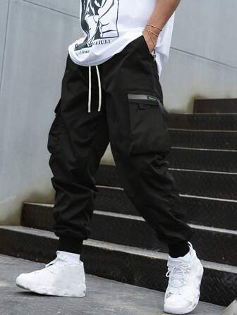 男式多口袋反光条纹装饰罗纹九分工装裤