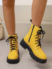 Bốt cổ ngắn buộc dây mũi tròn thời trang thu/đông cho nữ, đế dày, phong cách nghỉ dưỡng với khóa tròn cổ điển, bốt cho nữ - Màu vàng - Xem 2