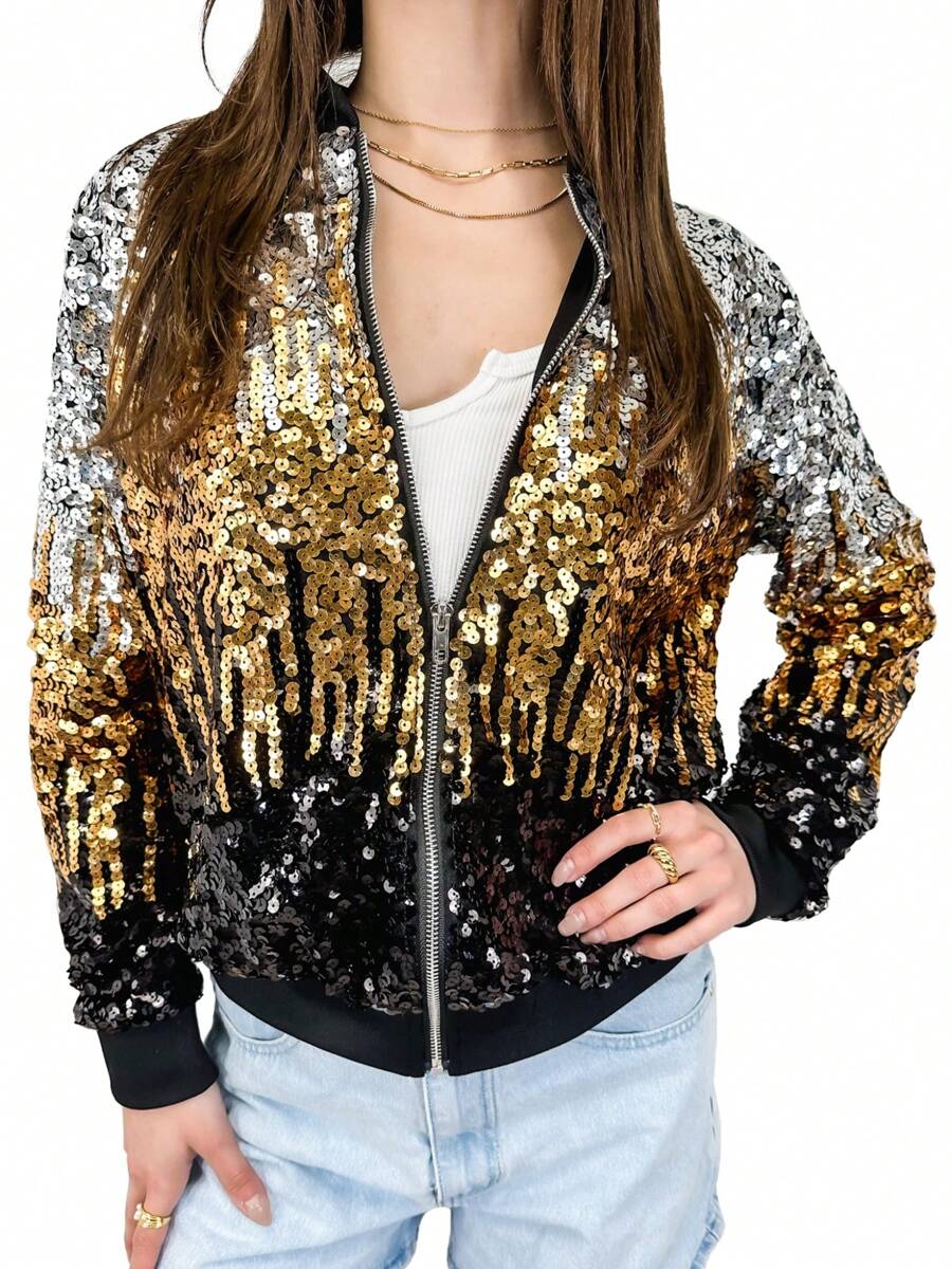 Womens Sequin Long Sleeve Front Zip Jacket With Ribbed Cuffs Bomber For Party - Z-Bạc-Vàng-Đen - Xem 1