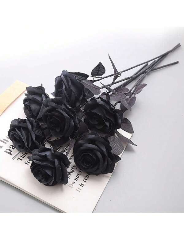 20/10/6pcs Artificial Black Flowers Rose Fake Silk Flowers With Long Stem Family Wedding Party Halloween Goth Dark Department Decoration Outdoor Photo Props Simulation Flower Dark Decoration Simulation Rose Bouquet Gifts Birthday Graduation